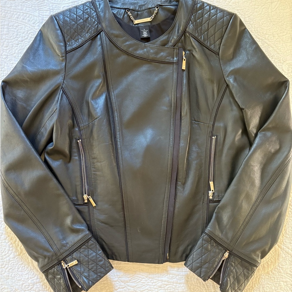 WHBM Black Genuine Leather Jacket w an Asymmetrical Zipper and Quilted Shoulders